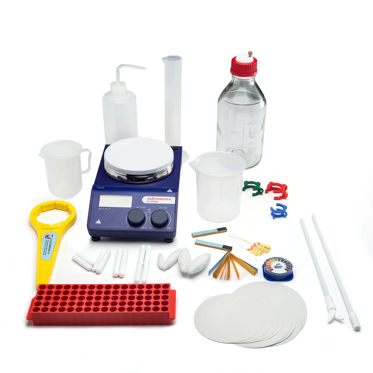 A chemistry lab accessory kit arranged on a white background, including a blue hot plate, clear bottle with red cap, white plastic beakers and containers, stirring rods, filter papers, a yellow ring lifter tool, and other small lab tools. | Labs Choice