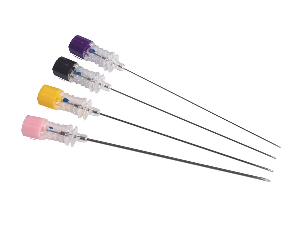 Anesthesia_Pain_Management | Four fine-gauge needle probes with clear plastic handles and colored tips in pink, yellow, black, and purple, arranged diagonally on a white background. | Labs Choice