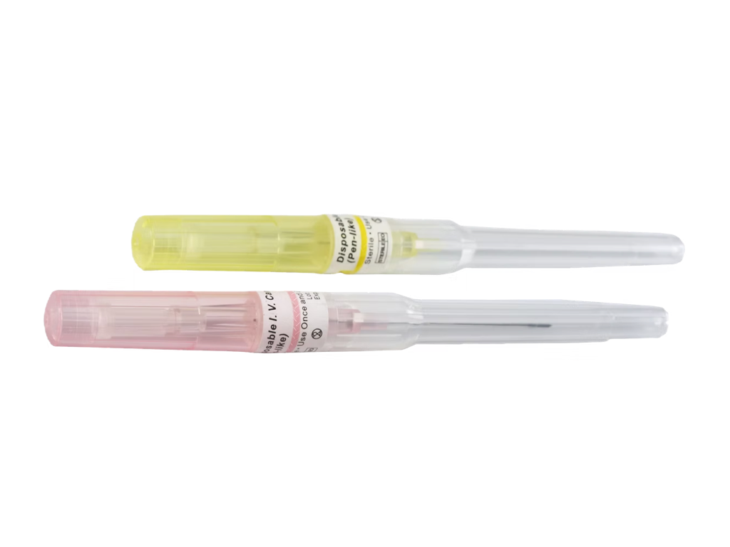 Pen-style IV cannula with protective outer packaging and a smooth catheter-to-needle transition for easy insertion. Its compact design reduces storage requirements and plastic medical waste. IV Cannula — Standard Type
Radiopaque Teflon IV cannula with color-coded sizing, translucent flashback chamber, and precision-finished catheter for stable flow. Hydrophobic filtration helps minimize blood leakage and supports smooth vein puncture. | Labs Choice