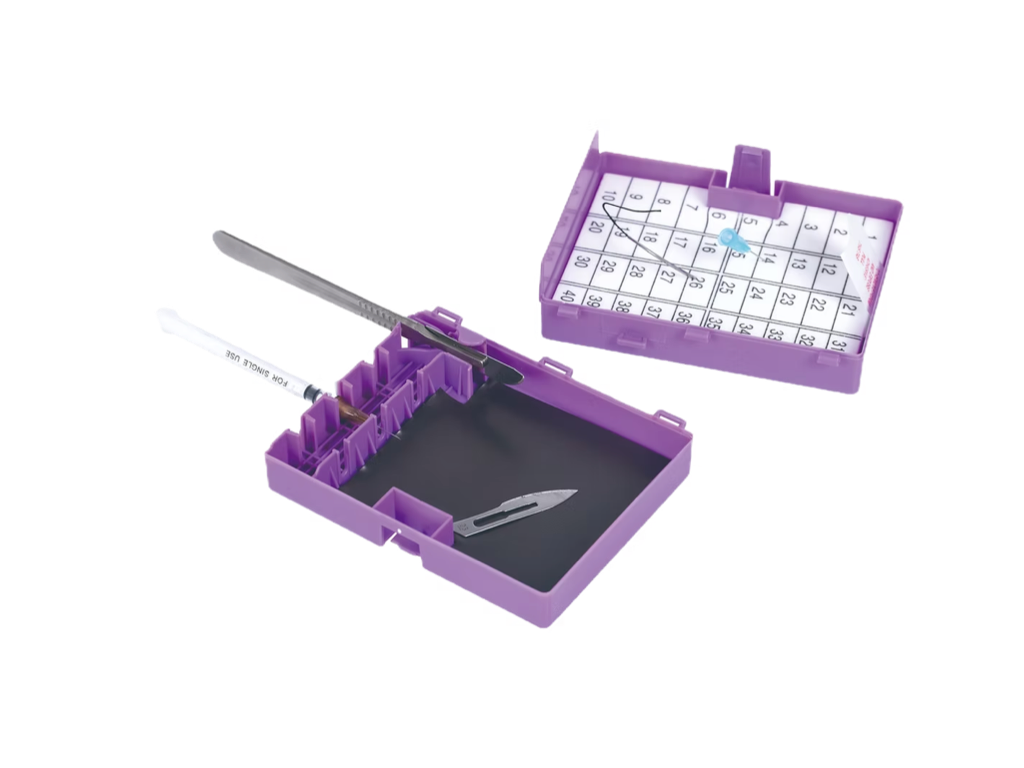 USNC40-FM – Ultimate Safety Sharps Station | Labs Choice USNC40-FM Ultimate Safety Sharps Station provides increased capacity with a 40-count foam block and magnetic surface. Its safety features include a protected surgical blade removal device, ultimate safety lock, needle sheathing device, and two universal safety holders for disposable syringes and scalpels. | Labs Choice