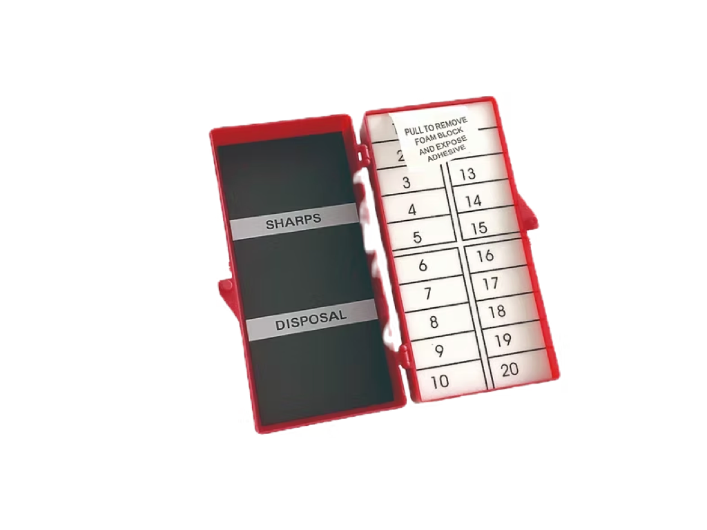 NC20-FM – Sharps Station | Labs Choice NC20-FM Sharps Station combines a 20-count foam block with a magnetic surface to support organized handling and counting of contaminated sharps. Its practical design helps keep needles, blades, sutures, and other sharps arranged during procedures. | Labs Choice