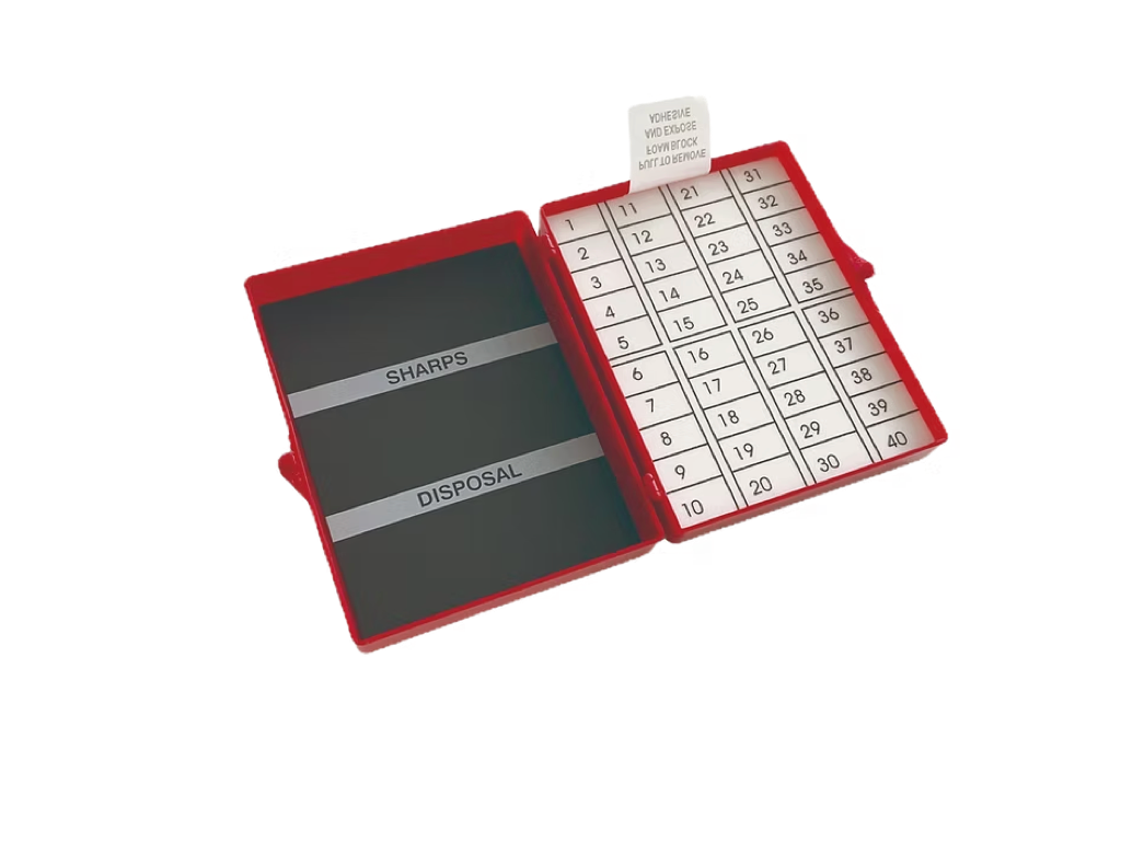 NC40-FM – Sharps Station | Labs Choice NC40-FM Sharps Station features a 40-count foam block and magnetic surface for organizing and counting contaminated sharps. It provides increased capacity for managing needles, blades, sutures, and other sharps during clinical procedures. | Labs Choice