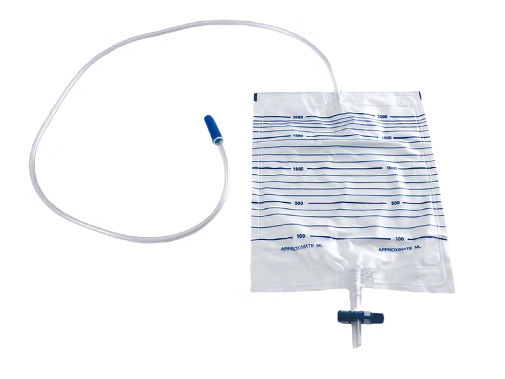 UDBRT20 – Rectangle Urine Drainage Bag with T-Tap Outlet | 2,000 mL rectangular urine drainage bag made from latex-free materials, featuring an air vent, 100 cm tubing, and T-tap outlet for controlled urine drainage. | Labs Choice