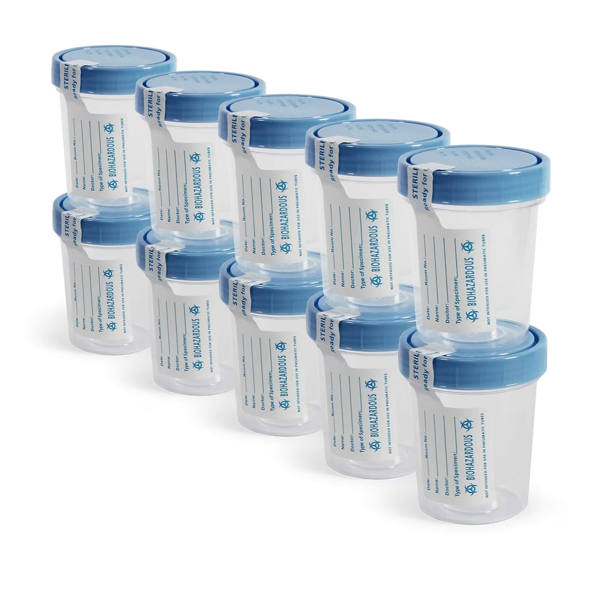 Specimen Collection Cups | Set of clear plastic containers with blue lids on a white background | Labs Choice