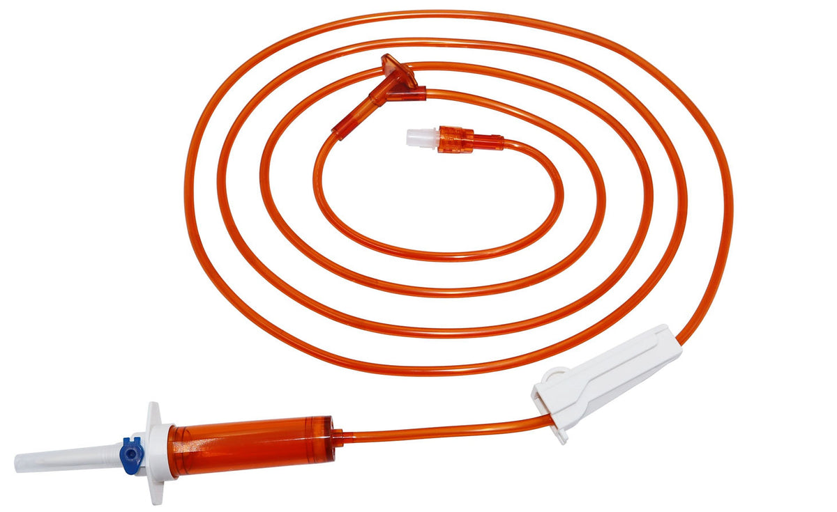 IVSO03 – Oncology Infusion Set | The Labs Choice IVSO03 Oncology Infusion Set is designed for controlled intravenous medication administration in oncology and other clinical infusion applications. It features a 20 drops/mL drip chamber, 15 µm filter, safety Y-port, roller clamp, back-check valve, and secure luer-lock connection. Amber, light-resistant tubing helps protect light-sensitive medications. Latex-free and DEHP-free configurations are available, with PVC-free options offered. | Labs Choice